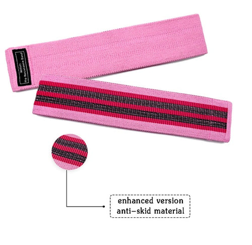 Pink fabric resistance band shown from the outside and inside, with a striped-surface detail.
